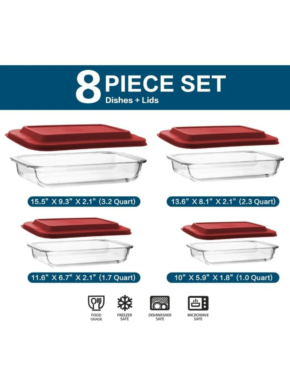 8-Piece Deep Glass Baking Dish Set with Lids, BPA-Free, Oven Safe, Red